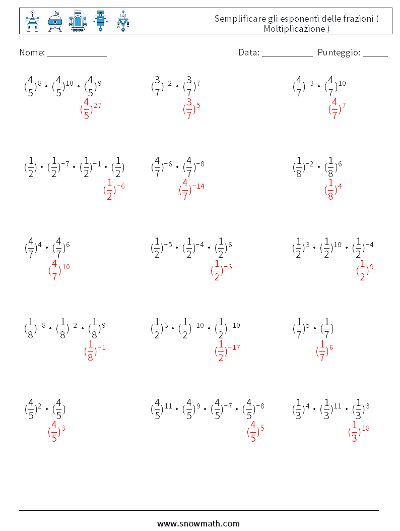 Semplificare gli esponenti delle frazioni ( Moltiplicazione ) Fogli di lavoro di matematica 1 Domanda, Risposta