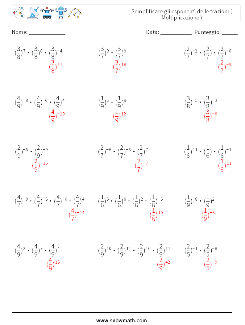 Semplificare gli esponenti delle frazioni ( Moltiplicazione ) Fogli di lavoro di matematica 2 Domanda, Risposta