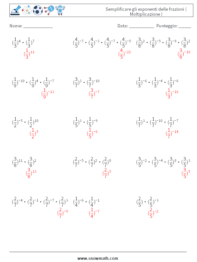 Semplificare gli esponenti delle frazioni ( Moltiplicazione ) Fogli di lavoro di matematica 3 Domanda, Risposta