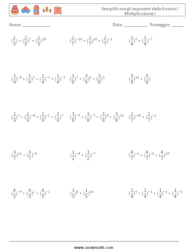 Semplificare gli esponenti delle frazioni ( Moltiplicazione ) Fogli di lavoro di matematica 4