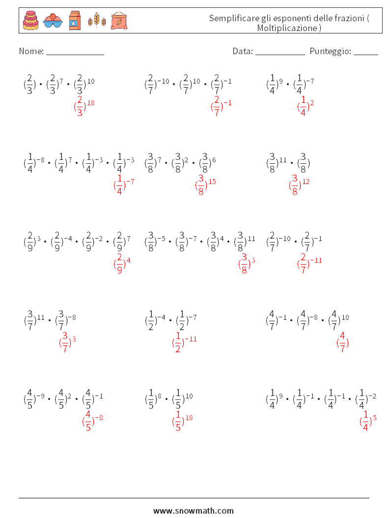 Semplificare gli esponenti delle frazioni ( Moltiplicazione ) Fogli di lavoro di matematica 4 Domanda, Risposta