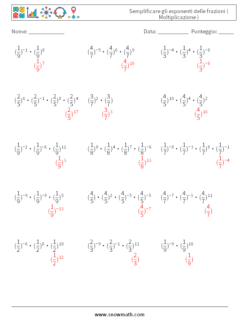 Semplificare gli esponenti delle frazioni ( Moltiplicazione ) Fogli di lavoro di matematica 6 Domanda, Risposta