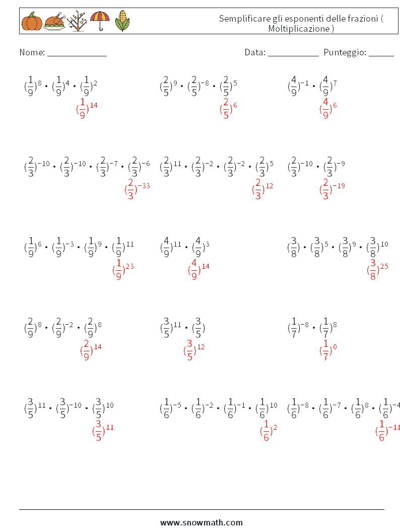 Semplificare gli esponenti delle frazioni ( Moltiplicazione ) Fogli di lavoro di matematica 7 Domanda, Risposta