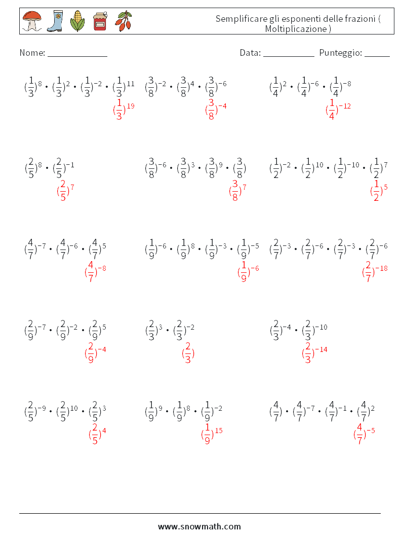Semplificare gli esponenti delle frazioni ( Moltiplicazione ) Fogli di lavoro di matematica 8 Domanda, Risposta
