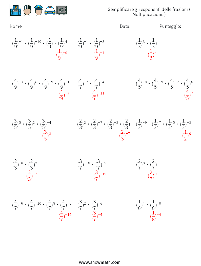 Semplificare gli esponenti delle frazioni ( Moltiplicazione ) Fogli di lavoro di matematica 9 Domanda, Risposta