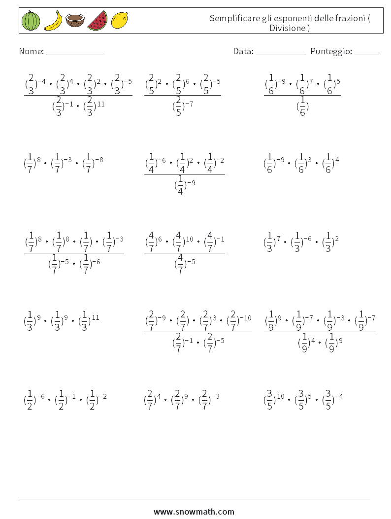 Semplificare gli esponenti delle frazioni ( Divisione ) Fogli di lavoro di matematica 1