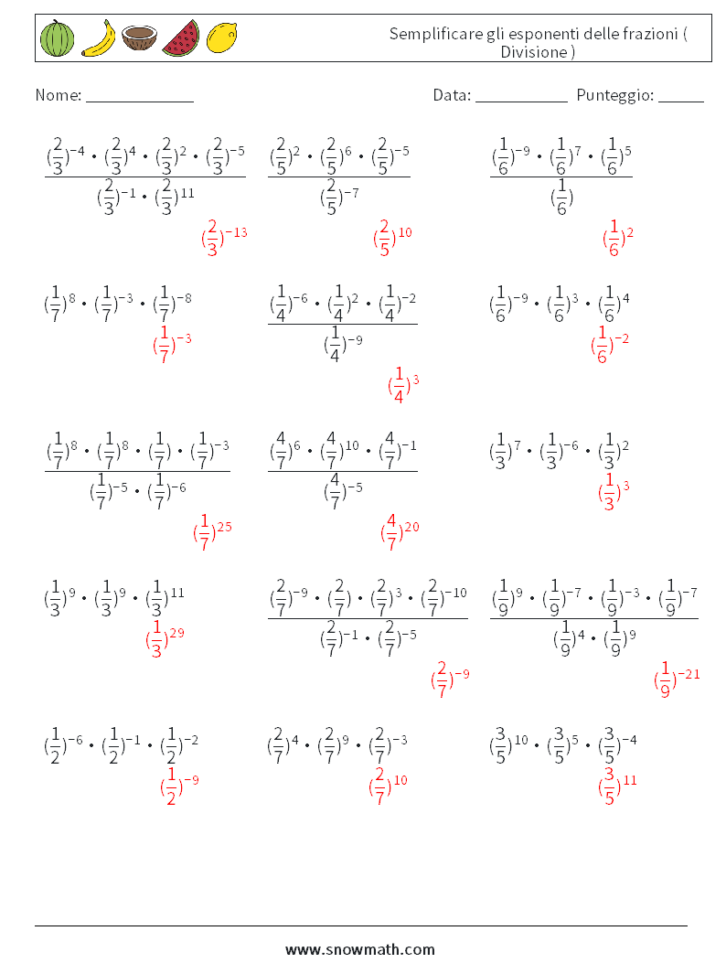 Semplificare gli esponenti delle frazioni ( Divisione ) Fogli di lavoro di matematica 1 Domanda, Risposta