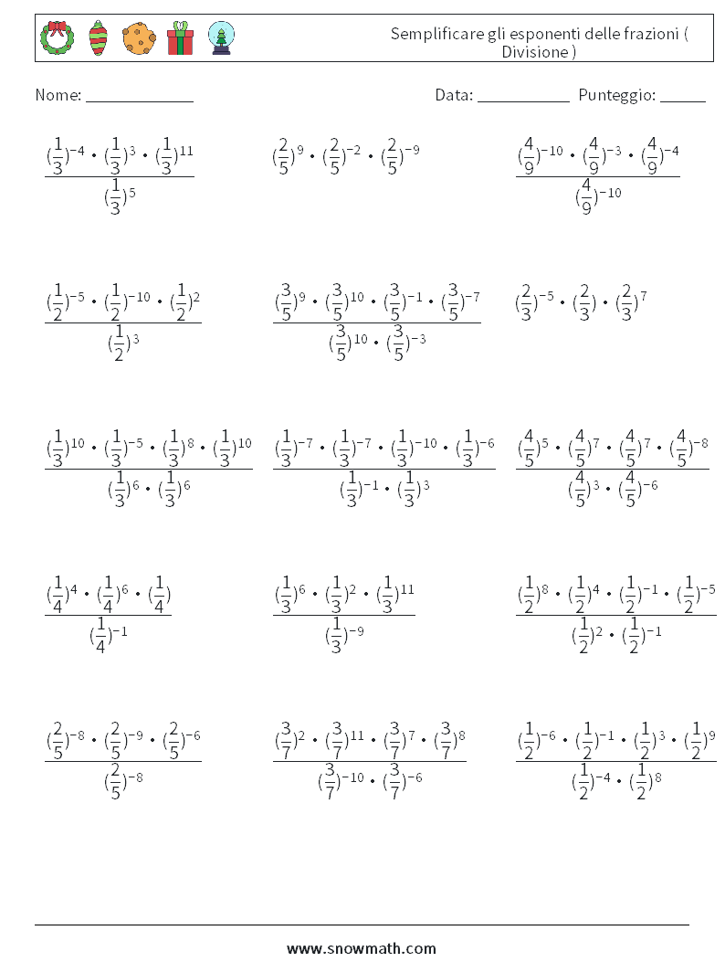 Semplificare gli esponenti delle frazioni ( Divisione ) Fogli di lavoro di matematica 2