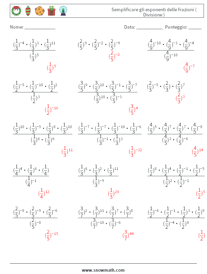 Semplificare gli esponenti delle frazioni ( Divisione ) Fogli di lavoro di matematica 2 Domanda, Risposta