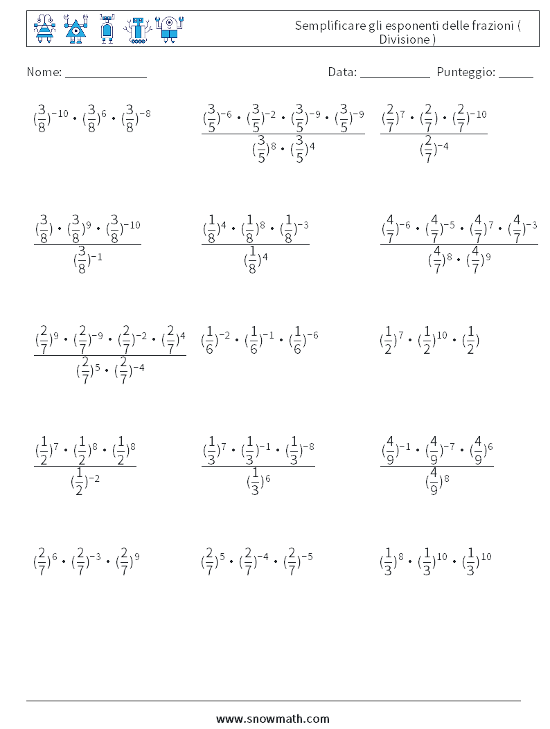 Semplificare gli esponenti delle frazioni ( Divisione ) Fogli di lavoro di matematica 3