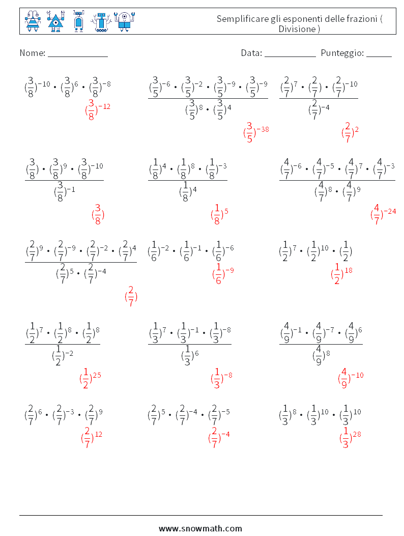 Semplificare gli esponenti delle frazioni ( Divisione ) Fogli di lavoro di matematica 3 Domanda, Risposta