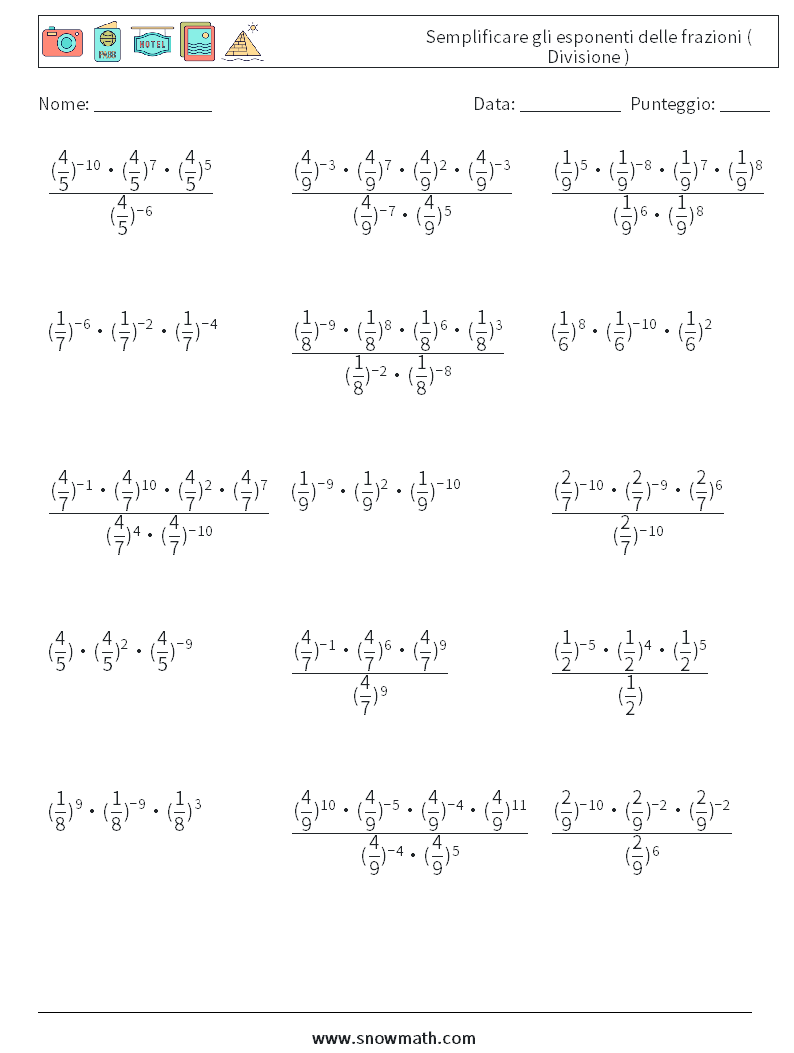 Semplificare gli esponenti delle frazioni ( Divisione ) Fogli di lavoro di matematica 4