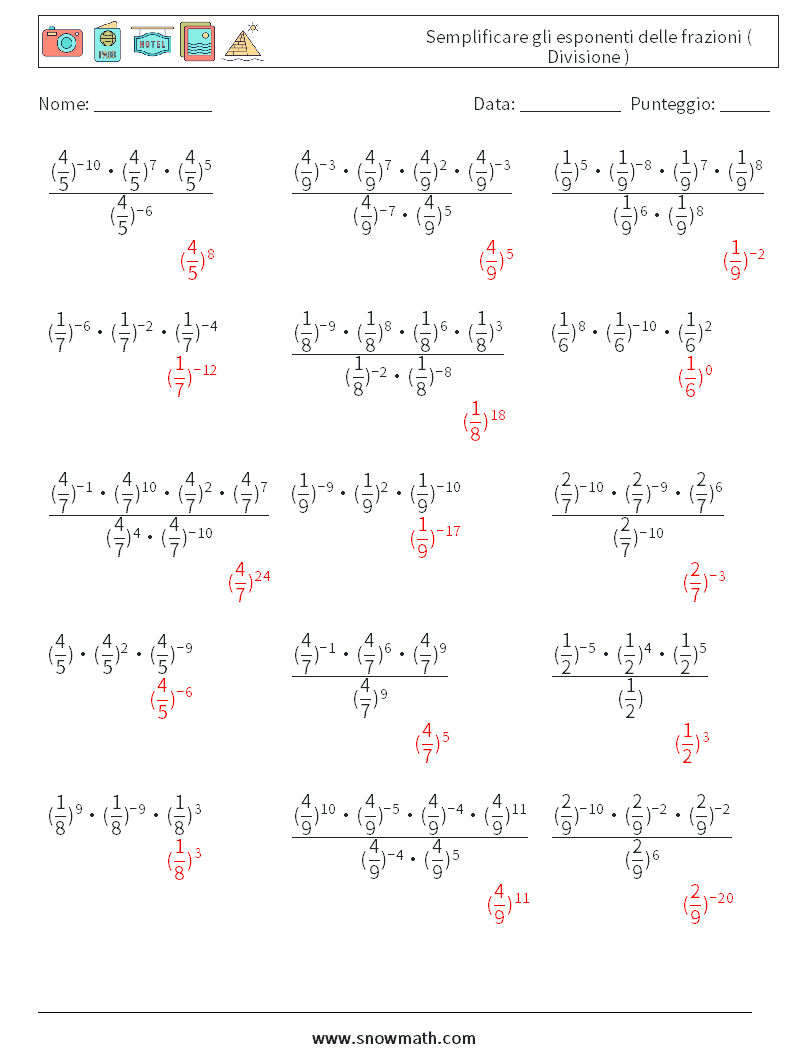 Semplificare gli esponenti delle frazioni ( Divisione ) Fogli di lavoro di matematica 4 Domanda, Risposta