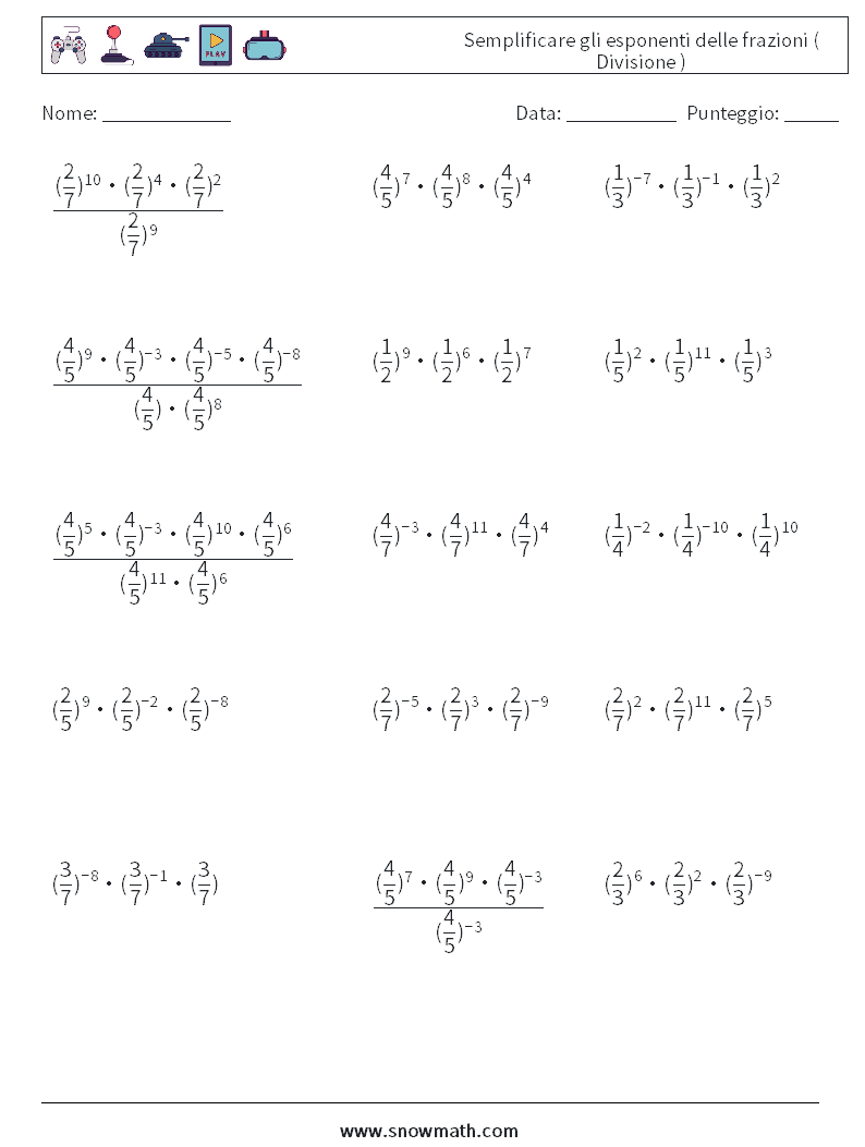 Semplificare gli esponenti delle frazioni ( Divisione ) Fogli di lavoro di matematica 5