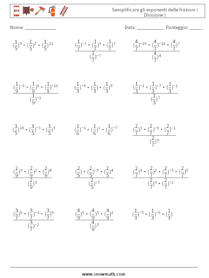 Semplificare gli esponenti delle frazioni ( Divisione ) Fogli di lavoro di matematica 6