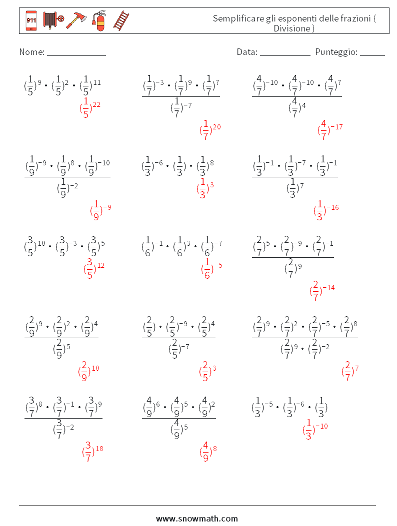 Semplificare gli esponenti delle frazioni ( Divisione ) Fogli di lavoro di matematica 6 Domanda, Risposta