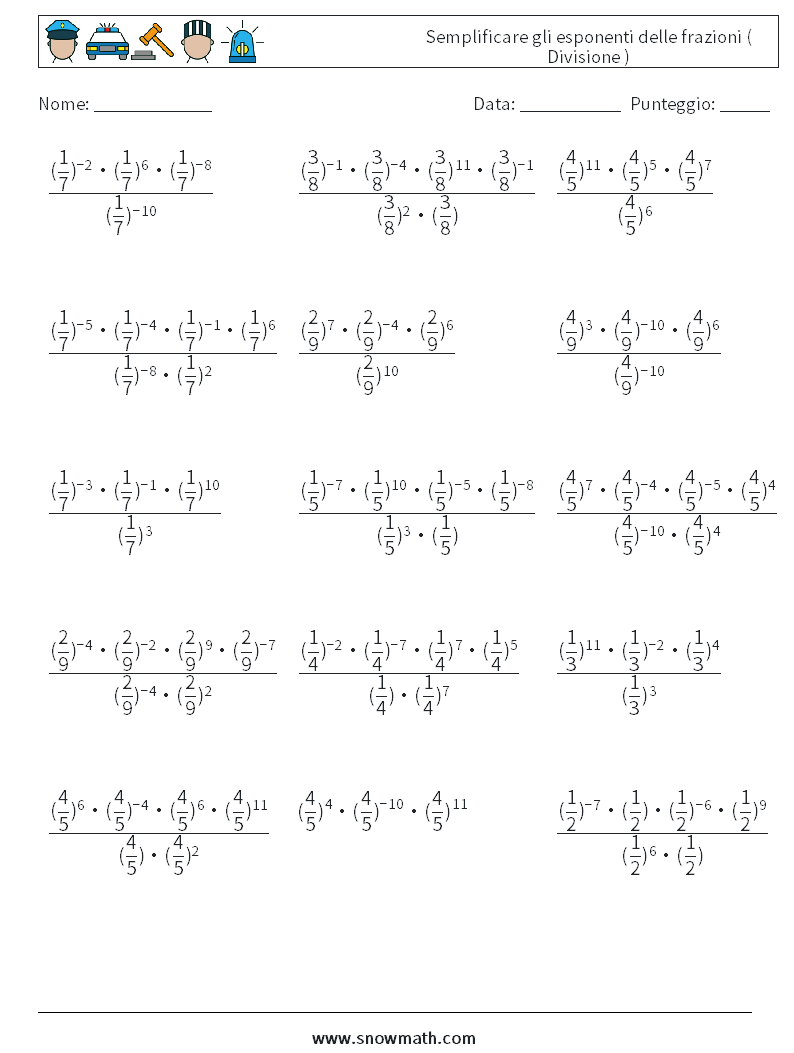 Semplificare gli esponenti delle frazioni ( Divisione ) Fogli di lavoro di matematica 7