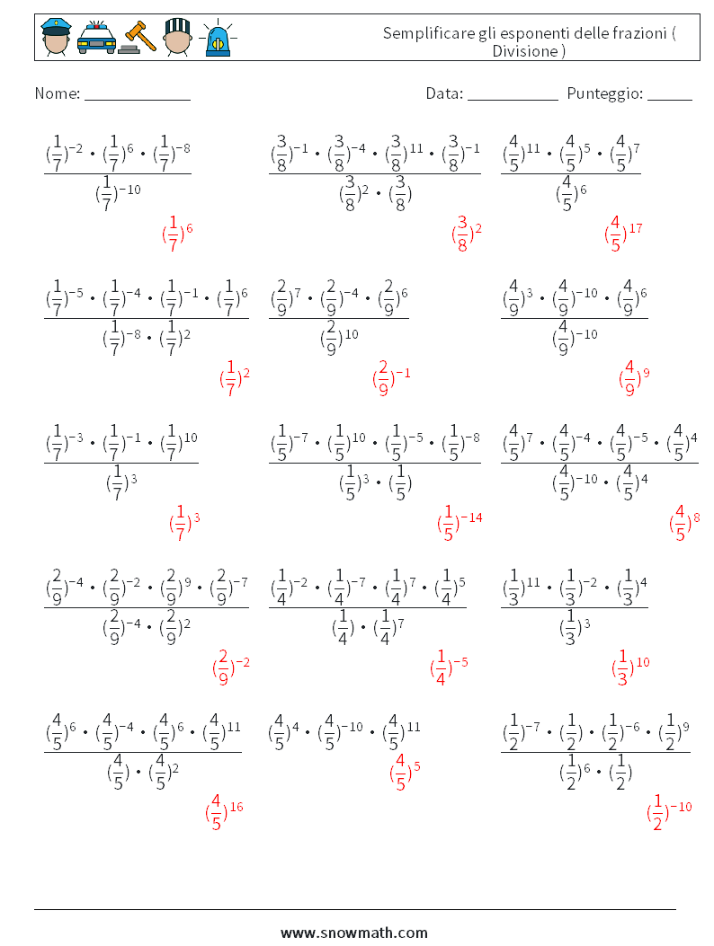 Semplificare gli esponenti delle frazioni ( Divisione ) Fogli di lavoro di matematica 7 Domanda, Risposta