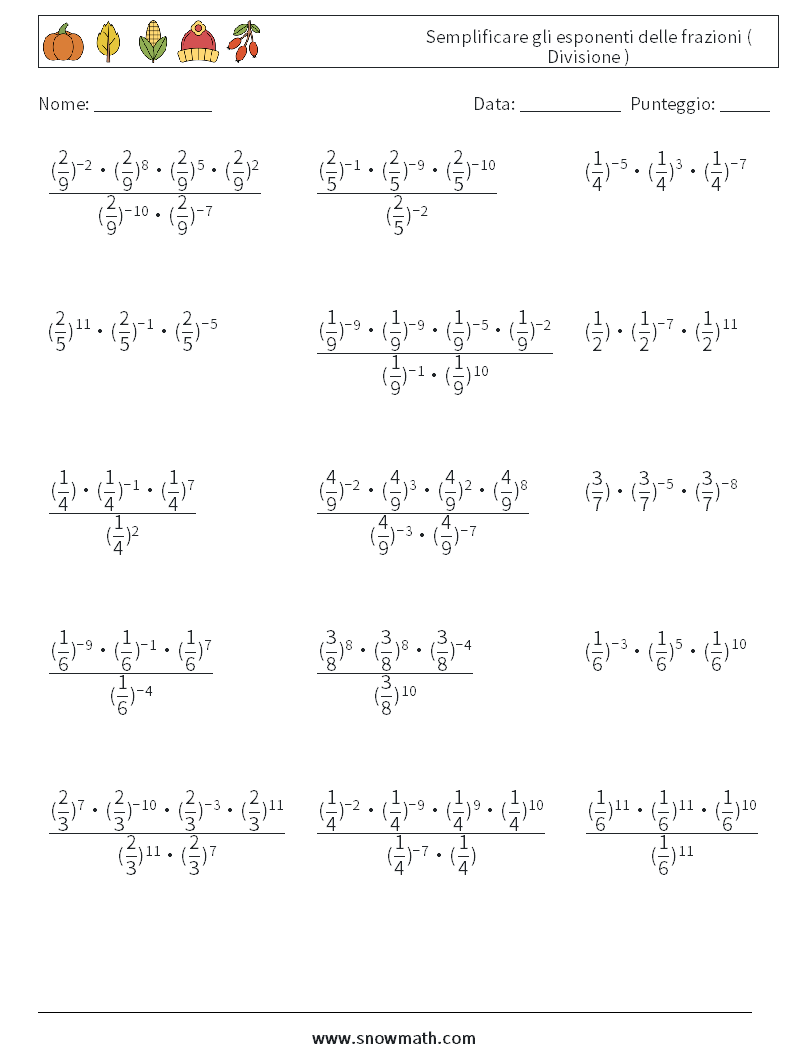 Semplificare gli esponenti delle frazioni ( Divisione ) Fogli di lavoro di matematica 8