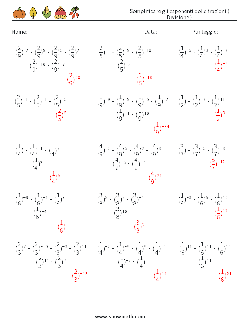 Semplificare gli esponenti delle frazioni ( Divisione ) Fogli di lavoro di matematica 8 Domanda, Risposta