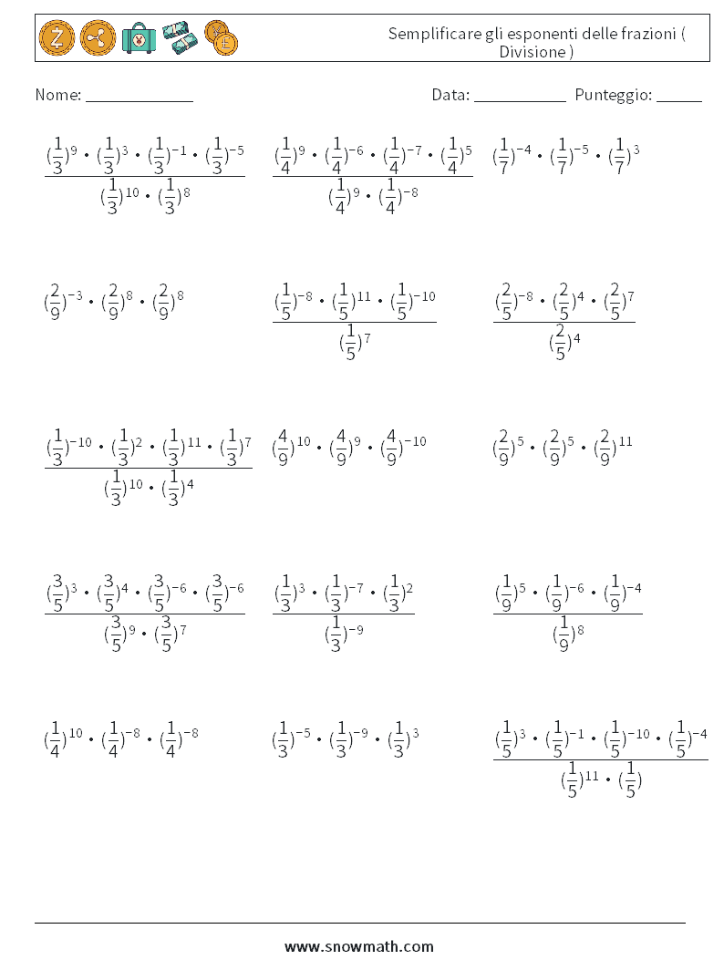 Semplificare gli esponenti delle frazioni ( Divisione ) Fogli di lavoro di matematica 9