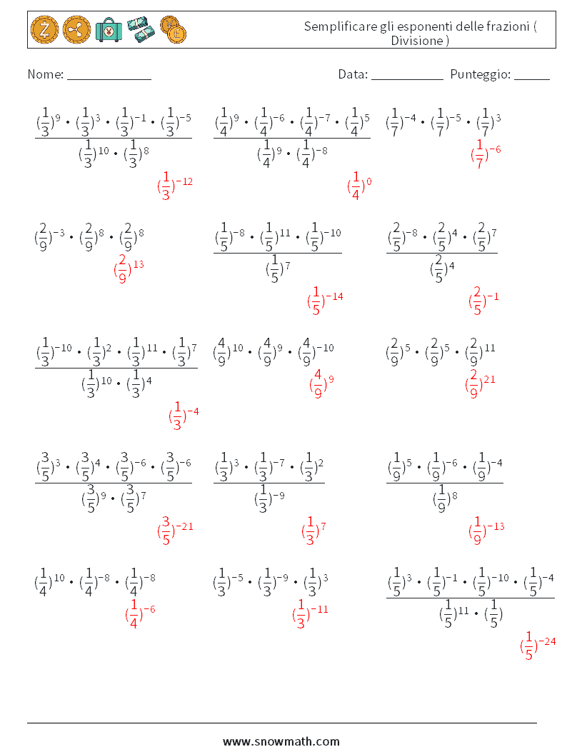 Semplificare gli esponenti delle frazioni ( Divisione ) Fogli di lavoro di matematica 9 Domanda, Risposta