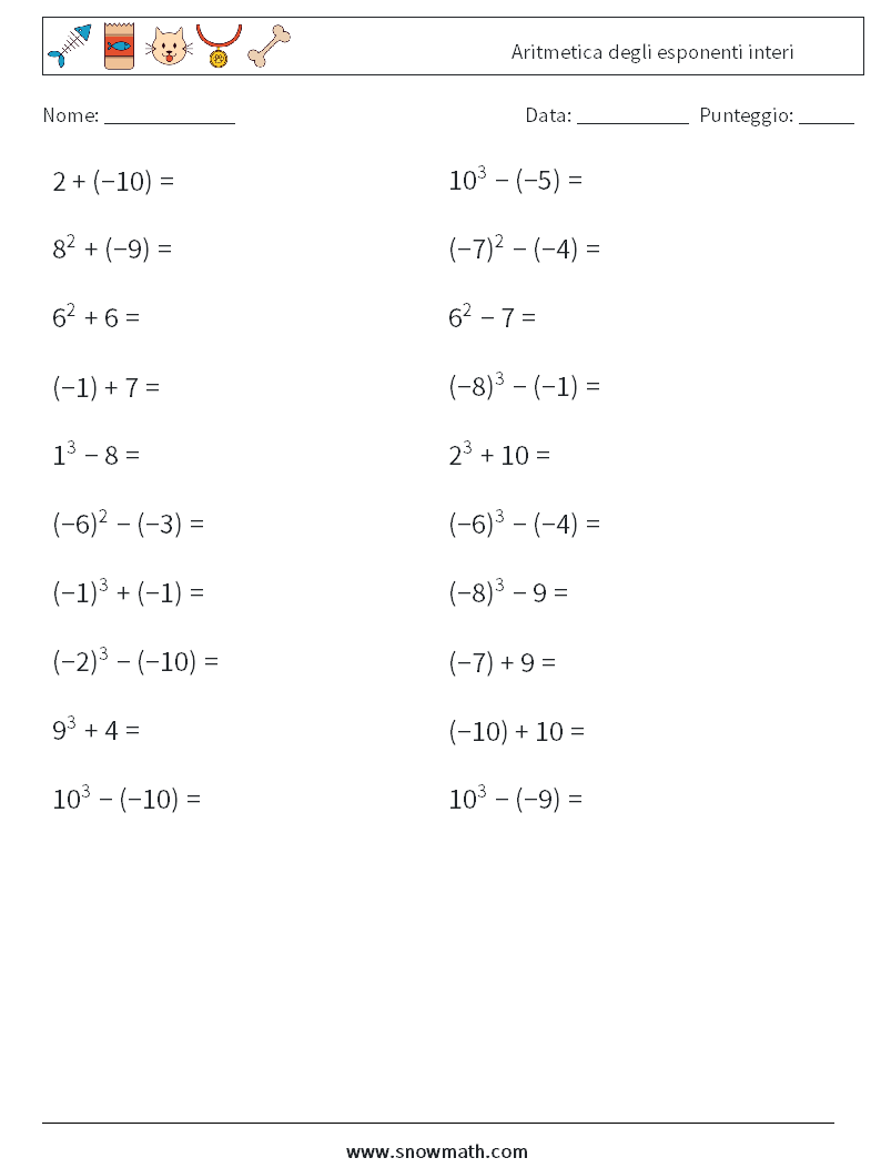 Aritmetica degli esponenti interi Fogli di lavoro di matematica 1