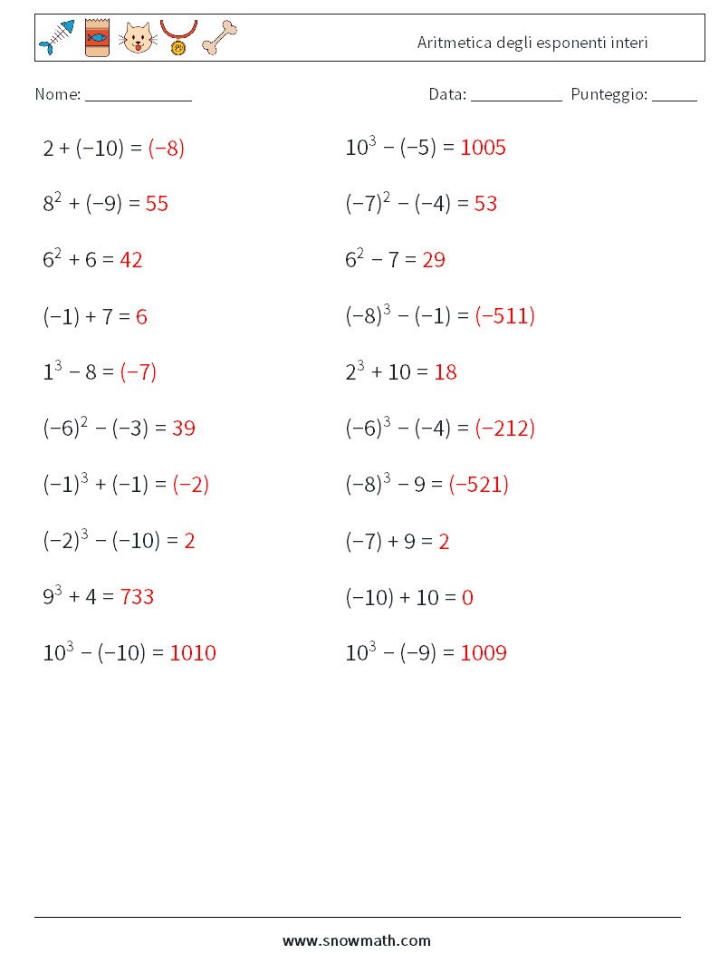 Aritmetica degli esponenti interi Fogli di lavoro di matematica 1 Domanda, Risposta