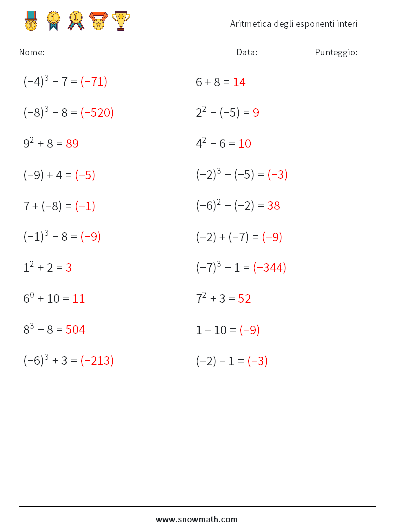 Aritmetica degli esponenti interi Fogli di lavoro di matematica 2 Domanda, Risposta