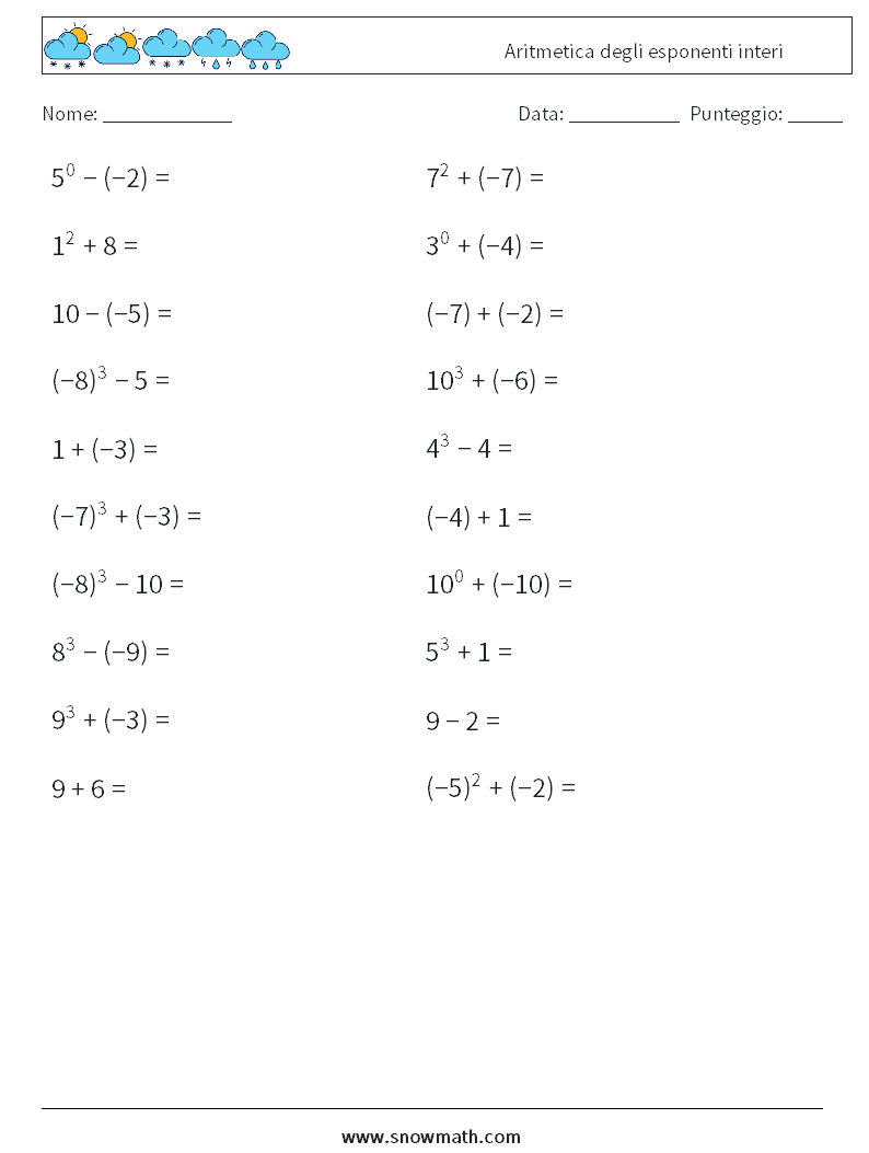 Aritmetica degli esponenti interi Fogli di lavoro di matematica 3