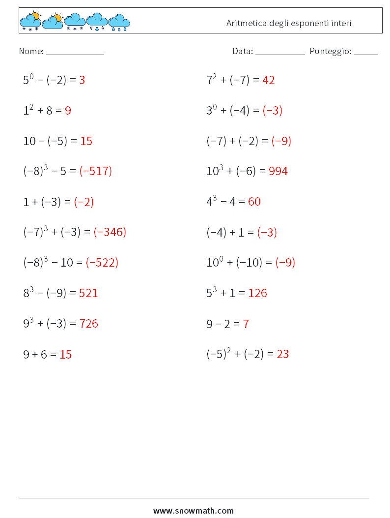 Aritmetica degli esponenti interi Fogli di lavoro di matematica 3 Domanda, Risposta