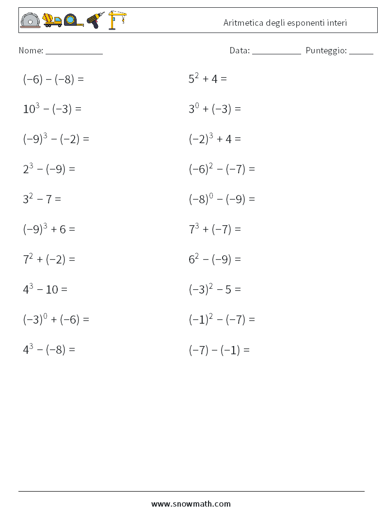 Aritmetica degli esponenti interi Fogli di lavoro di matematica 4