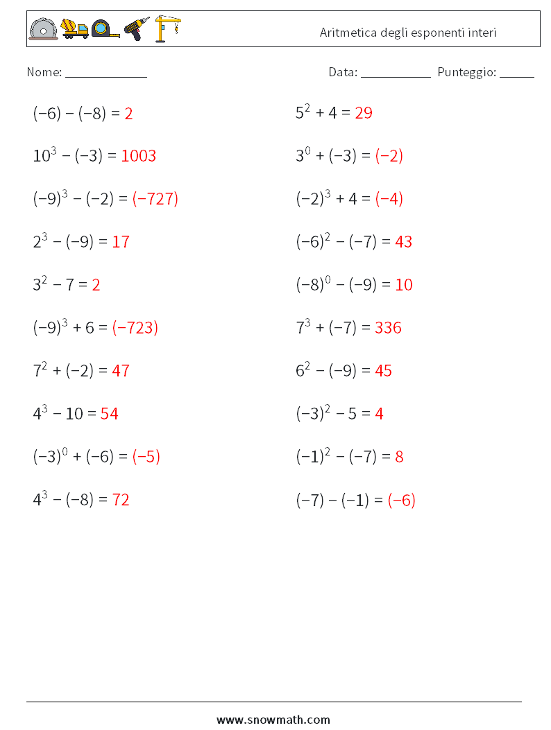 Aritmetica degli esponenti interi Fogli di lavoro di matematica 4 Domanda, Risposta