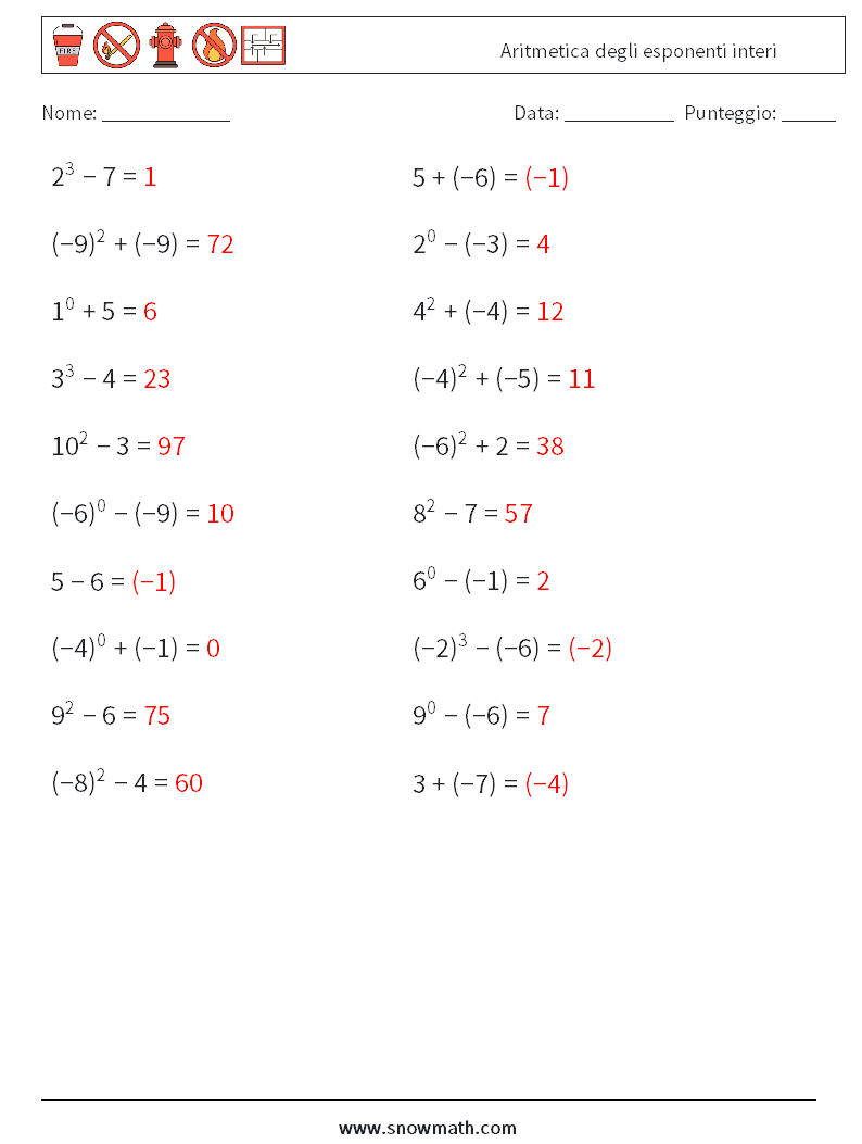 Aritmetica degli esponenti interi Fogli di lavoro di matematica 5 Domanda, Risposta