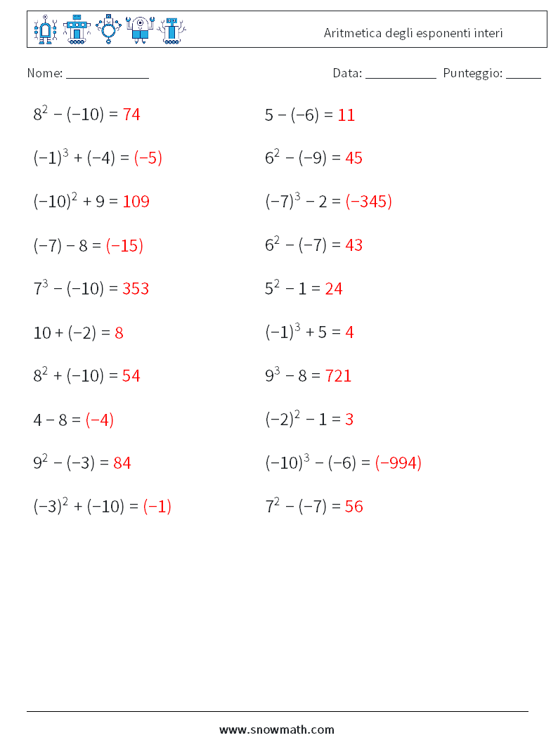 Aritmetica degli esponenti interi Fogli di lavoro di matematica 6 Domanda, Risposta