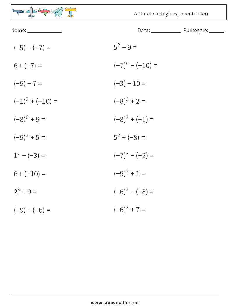 Aritmetica degli esponenti interi Fogli di lavoro di matematica 7