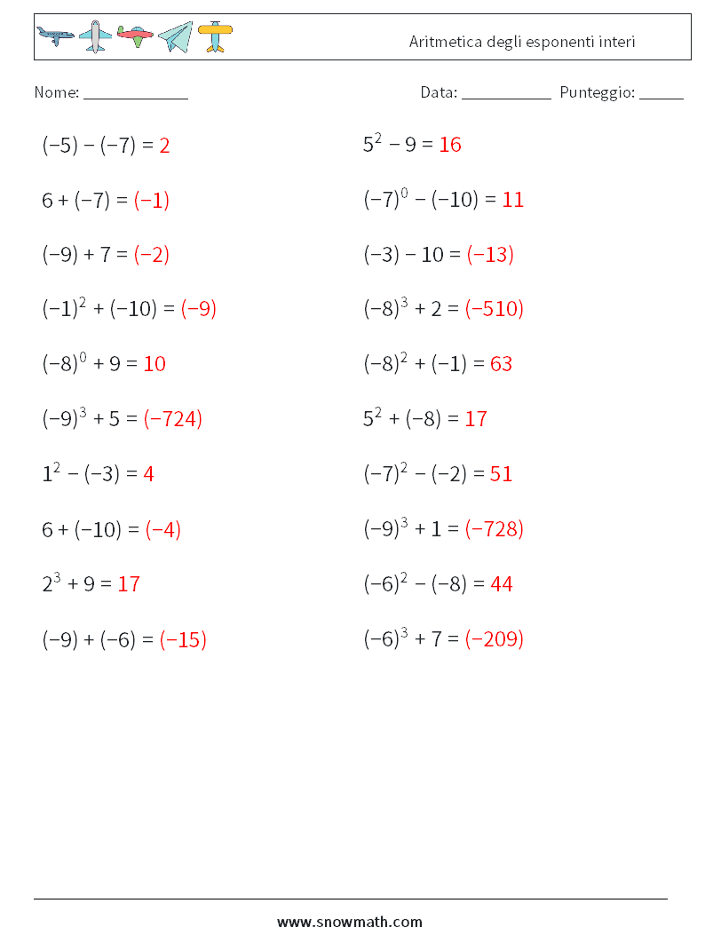 Aritmetica degli esponenti interi Fogli di lavoro di matematica 7 Domanda, Risposta