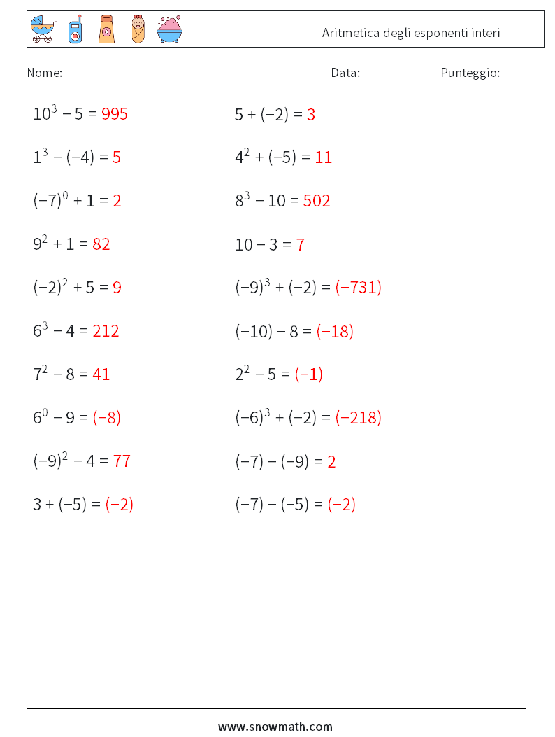 Aritmetica degli esponenti interi Fogli di lavoro di matematica 8 Domanda, Risposta