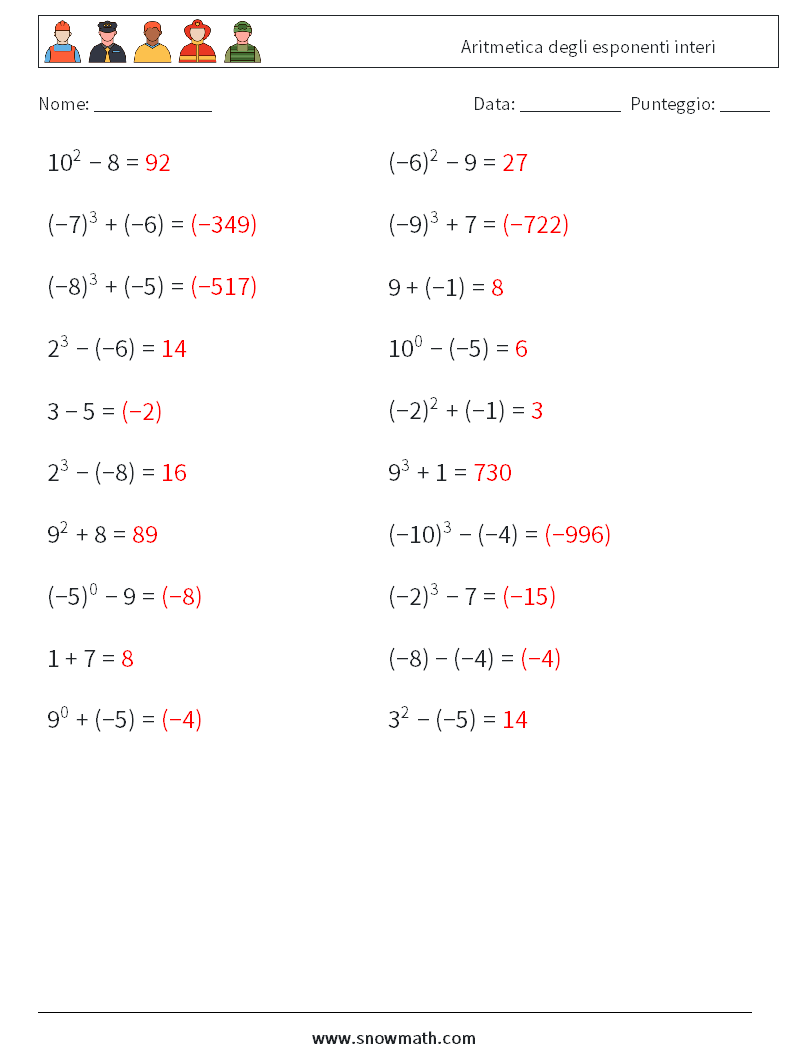 Aritmetica degli esponenti interi Fogli di lavoro di matematica 9 Domanda, Risposta