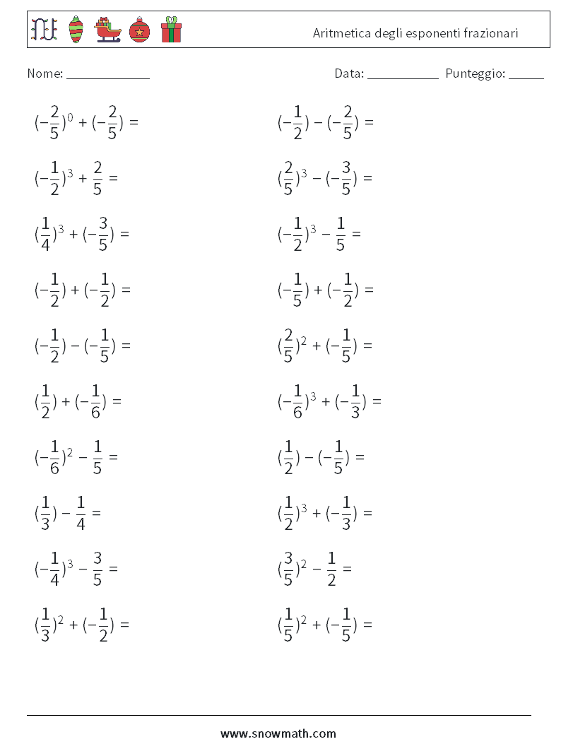 Aritmetica degli esponenti frazionari Fogli di lavoro di matematica 5