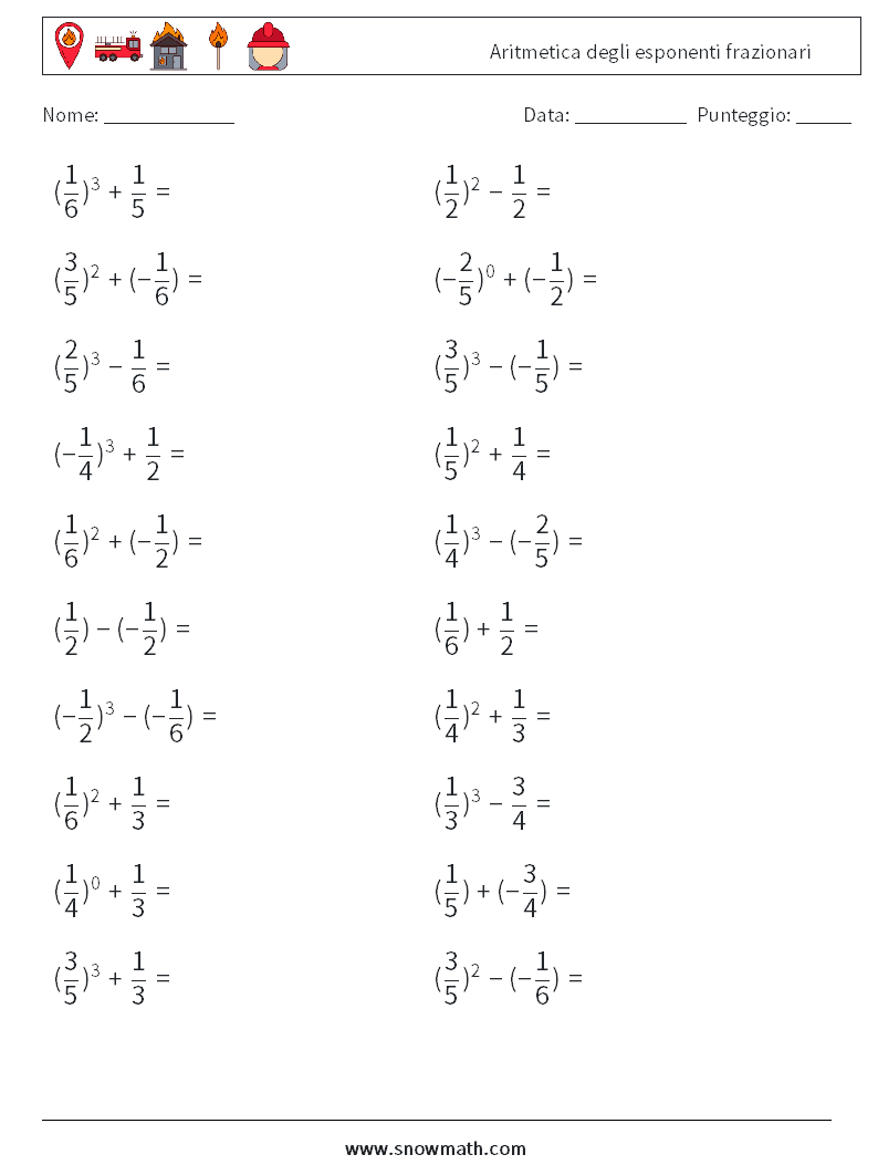 Aritmetica degli esponenti frazionari Fogli di lavoro di matematica 6