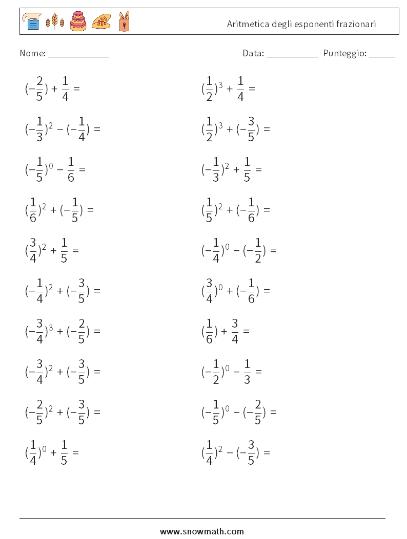 Aritmetica degli esponenti frazionari Fogli di lavoro di matematica 7