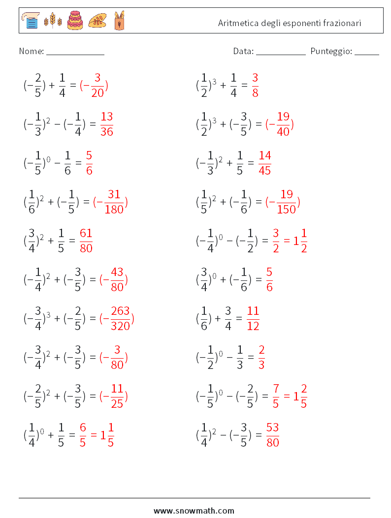 Aritmetica degli esponenti frazionari Fogli di lavoro di matematica 7 Domanda, Risposta