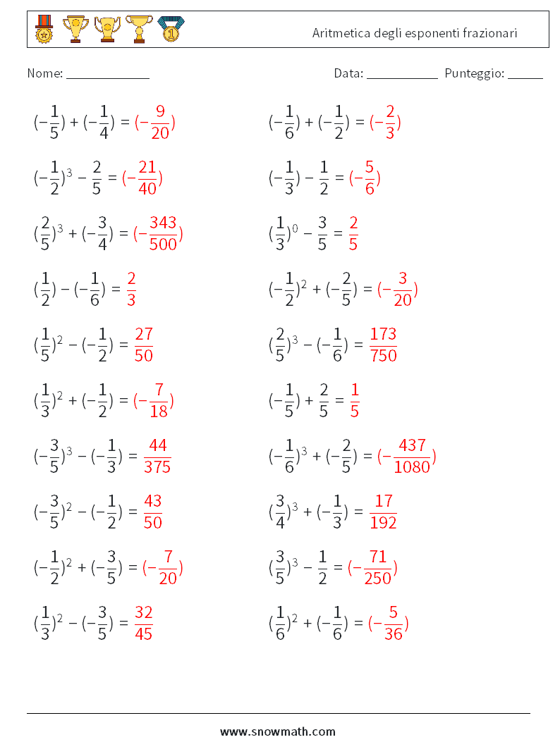 Aritmetica degli esponenti frazionari Fogli di lavoro di matematica 8 Domanda, Risposta