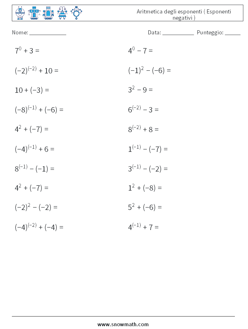  Aritmetica degli esponenti ( Esponenti negativi ) Fogli di lavoro di matematica 1