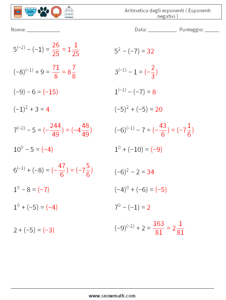  Aritmetica degli esponenti ( Esponenti negativi ) Fogli di lavoro di matematica 2 Domanda, Risposta