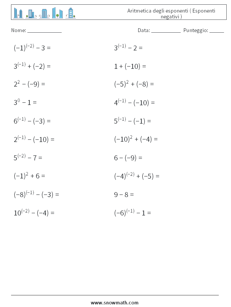  Aritmetica degli esponenti ( Esponenti negativi ) Fogli di lavoro di matematica 3
