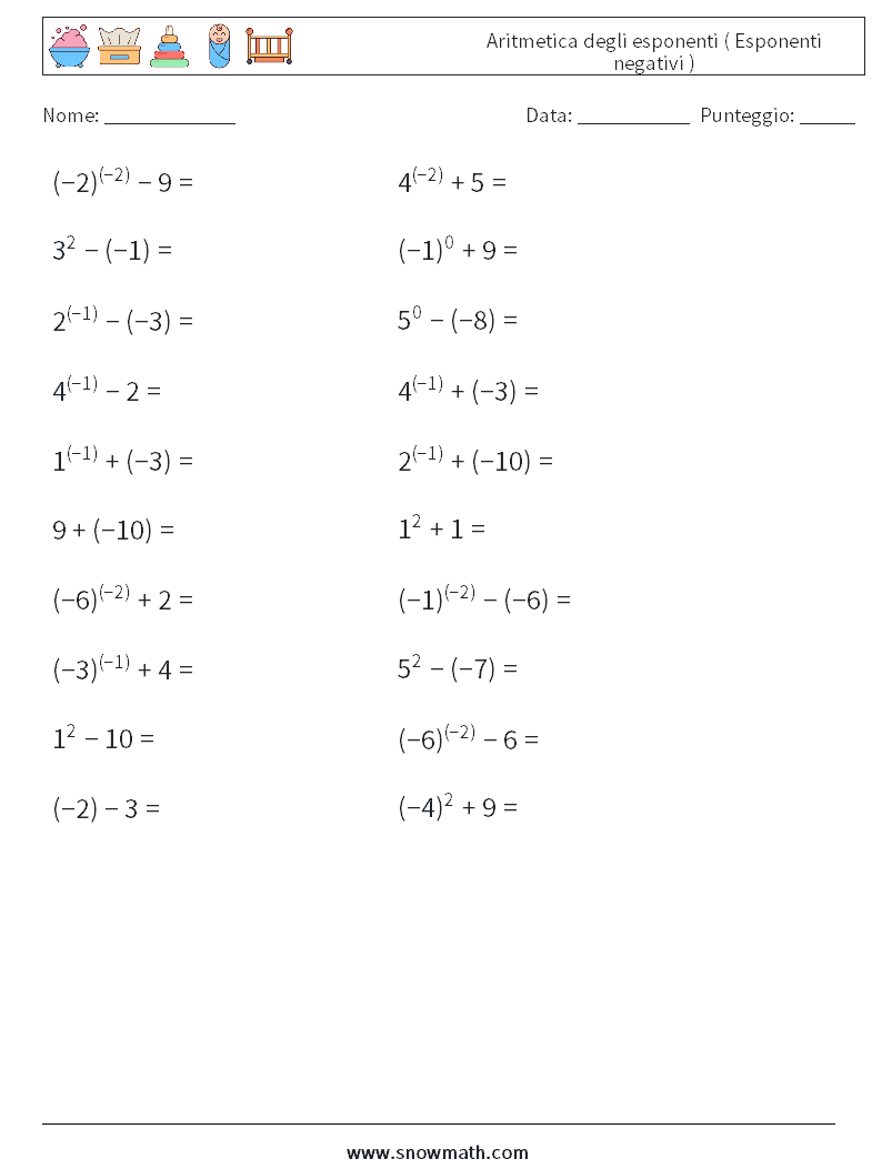  Aritmetica degli esponenti ( Esponenti negativi ) Fogli di lavoro di matematica 4
