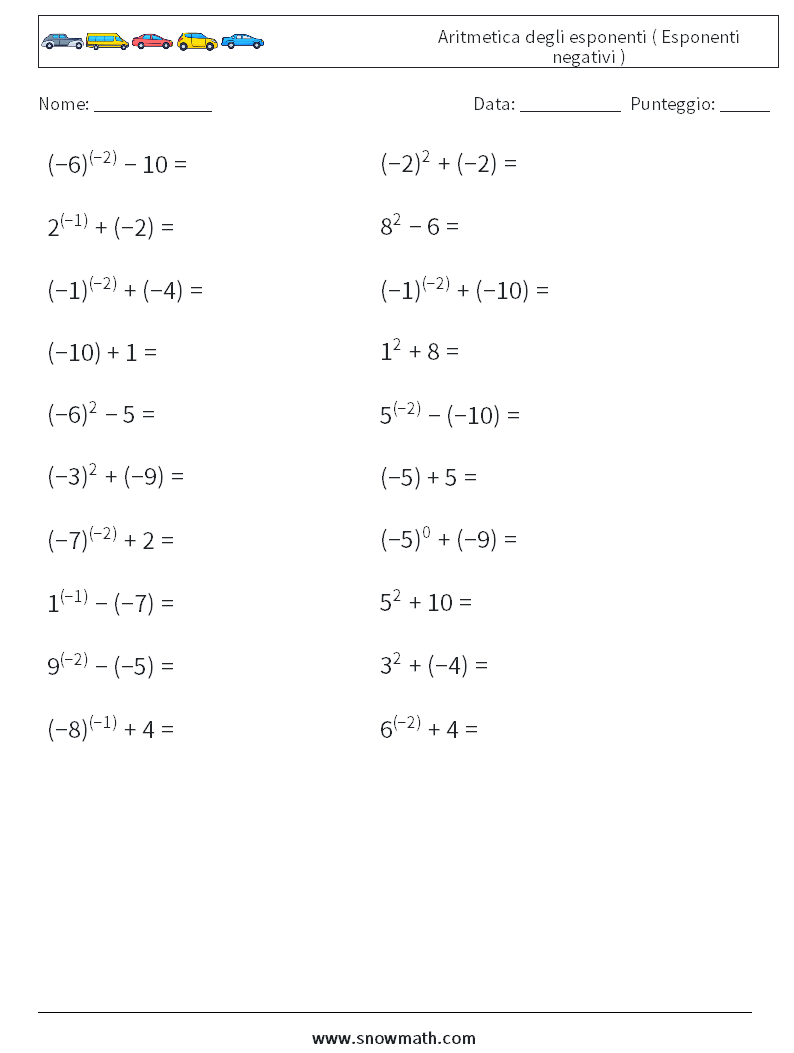  Aritmetica degli esponenti ( Esponenti negativi ) Fogli di lavoro di matematica 5