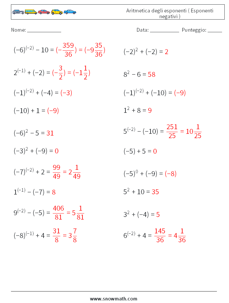 Aritmetica degli esponenti ( Esponenti negativi ) Fogli di lavoro di matematica 5 Domanda, Risposta